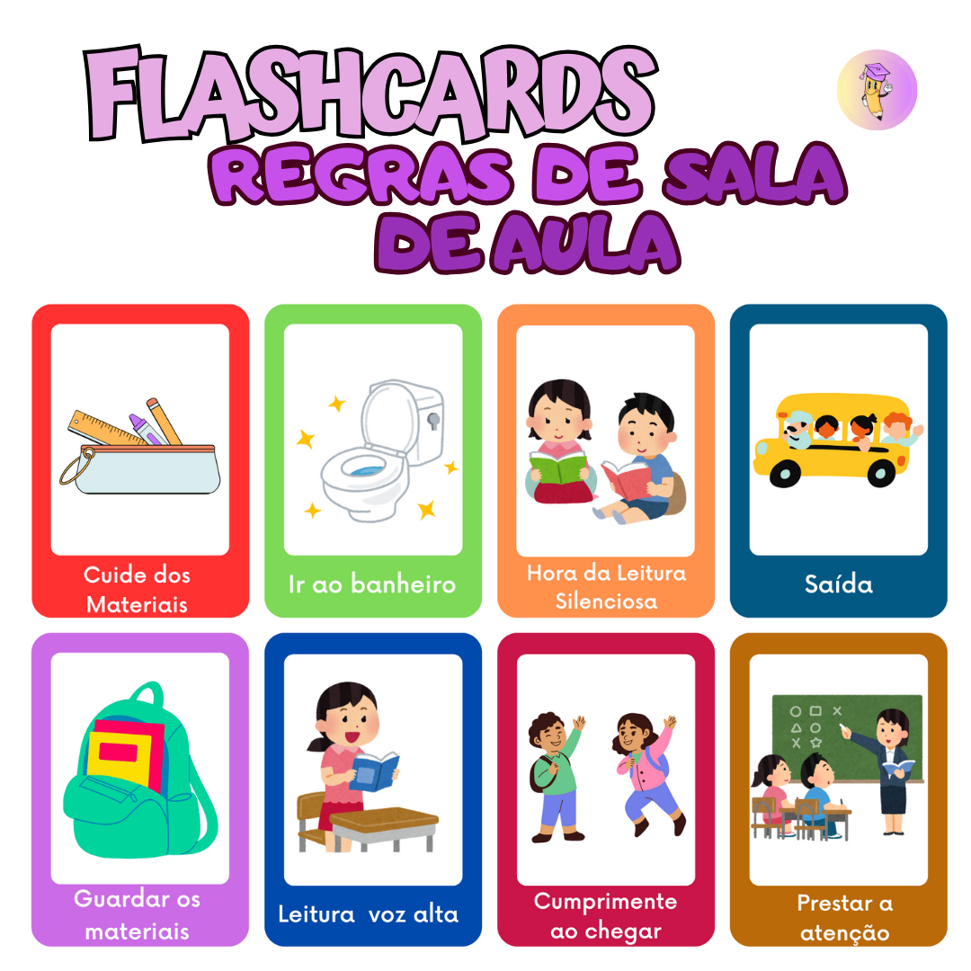 Flashcards Coloridos com Regras de Sala de Aula com Rotinas