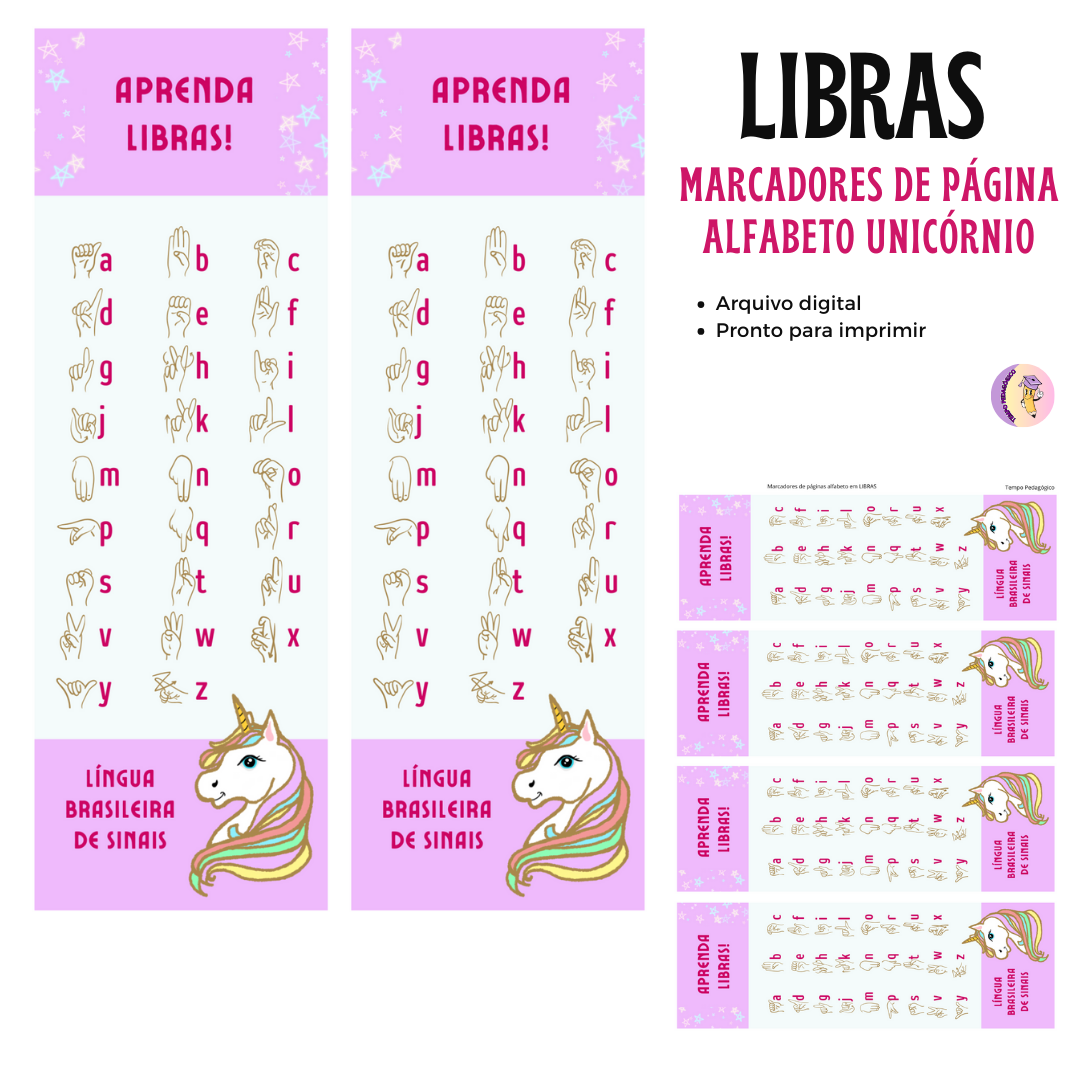 Marcadores de Página Alfabeto em LIBRAS Unicórnio