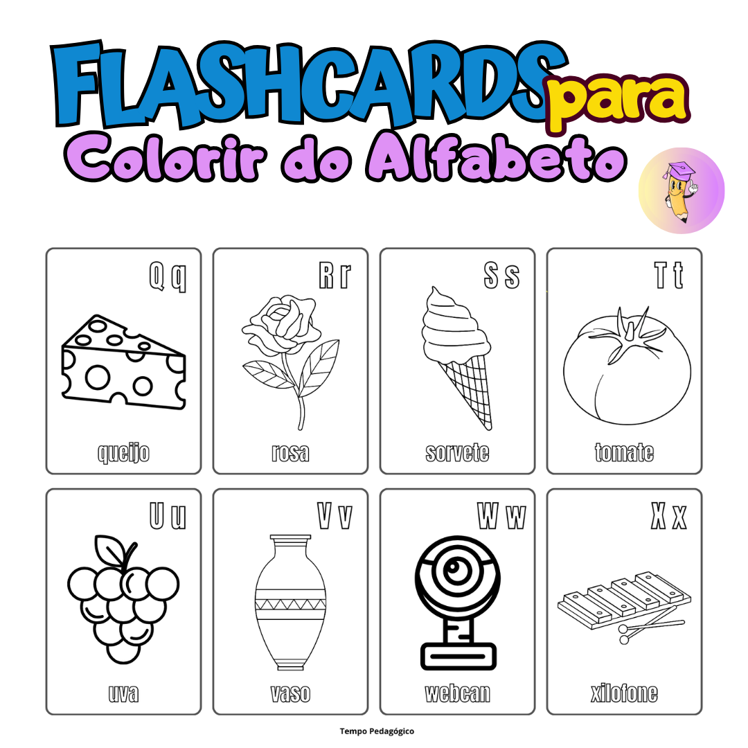 Conjunto de flashcards para colorir do alfabeto preto e branco divertido de A a Z