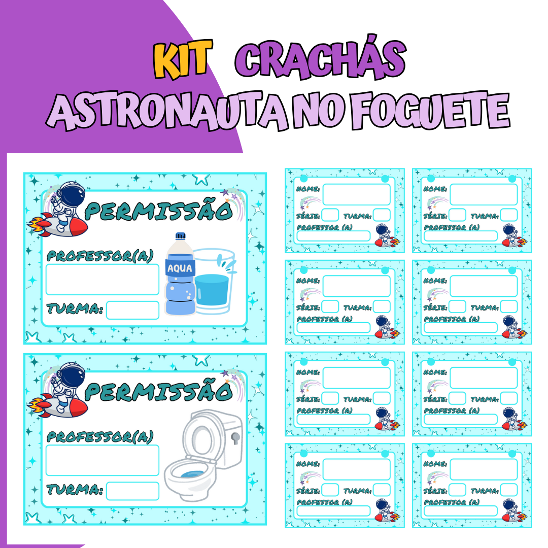 Kit Crachás Azul Claro Astronauta no Foguete