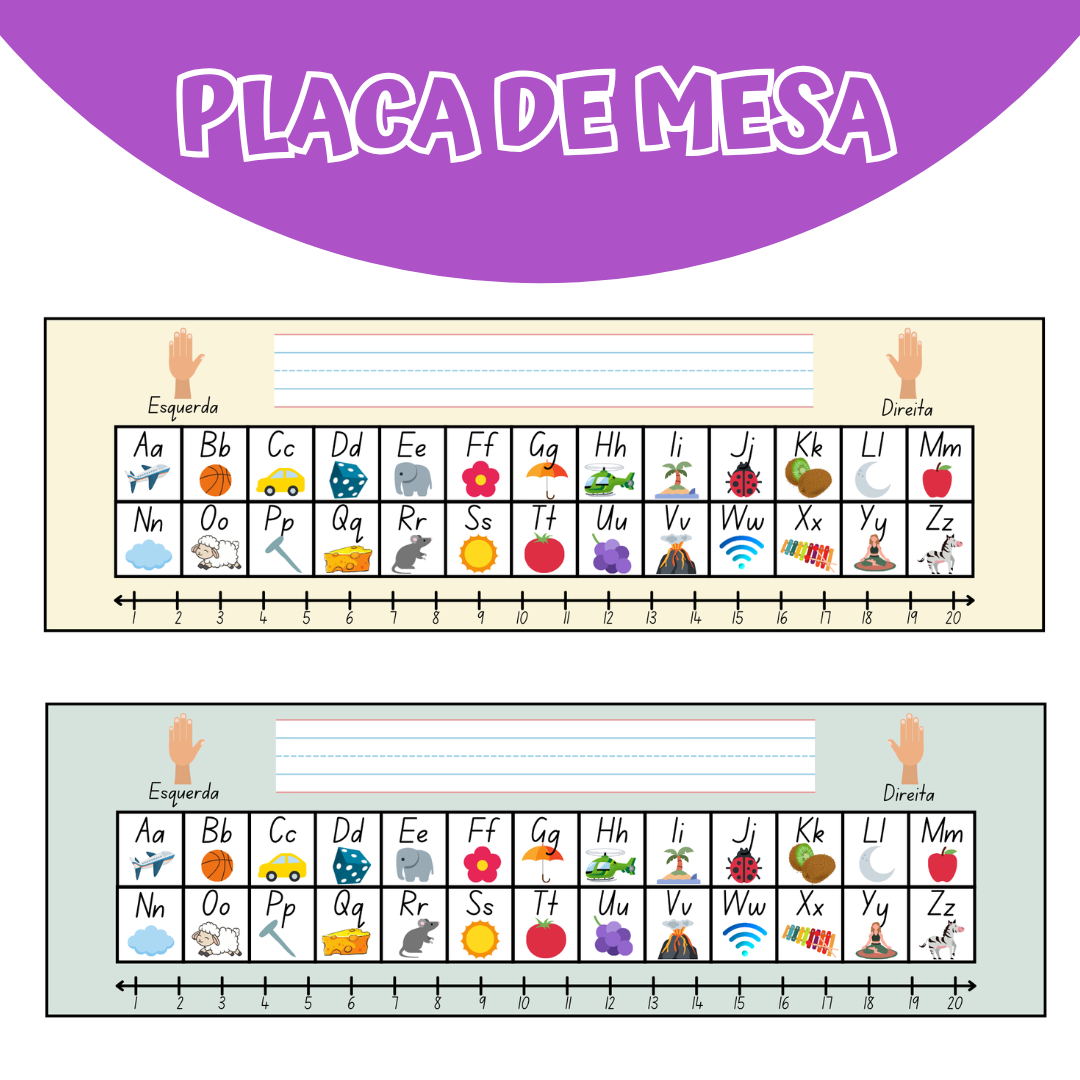 Placa de mesa com nome do alfabeto