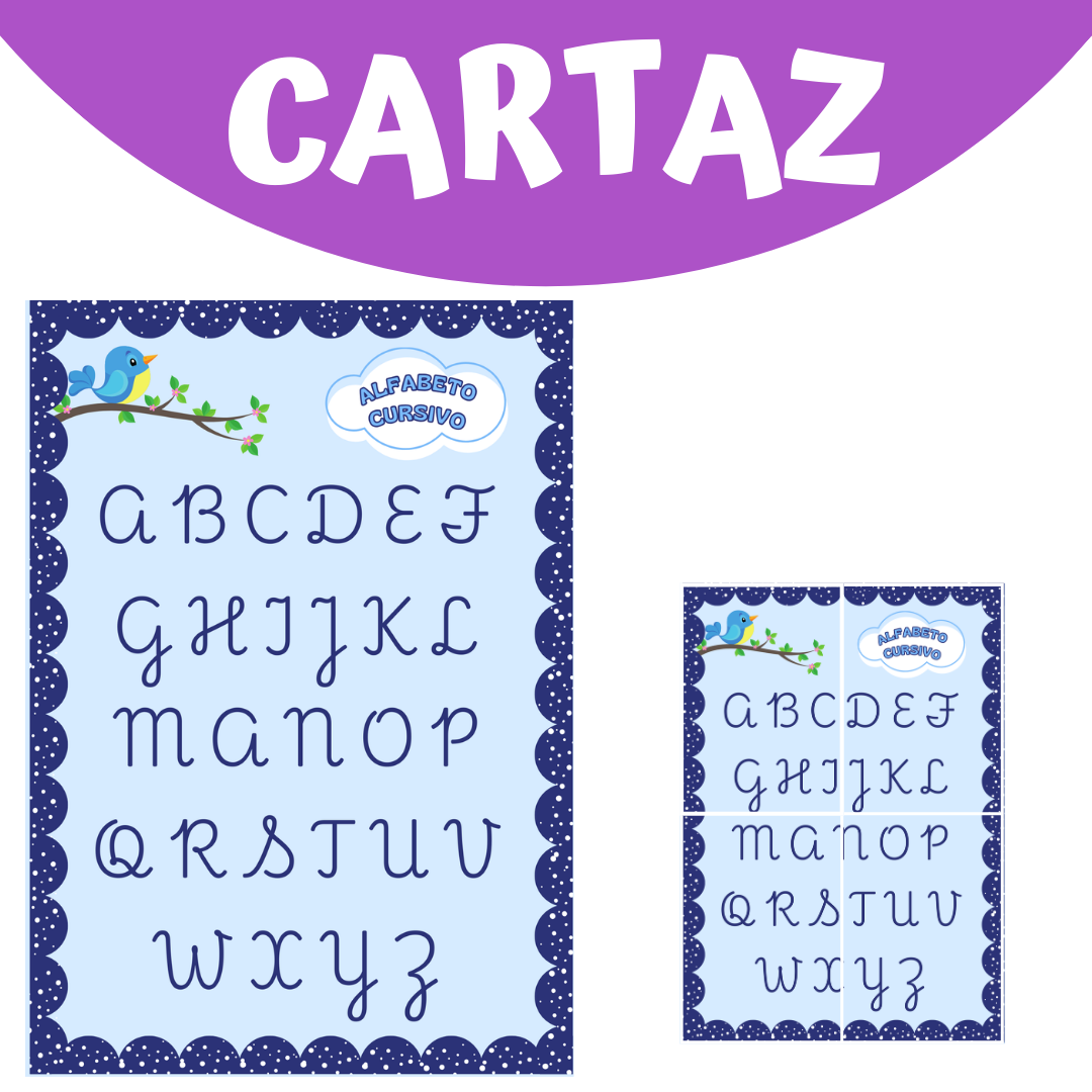 Cartaz Alfabeto Cursivo Maiúsculo Passarinho Azul