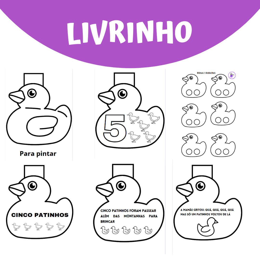 LIVRINHO PARA COLORIR: MÚSICA 5 PATINHOS (18 páginas) - CONCEITO MATEMÁTICO