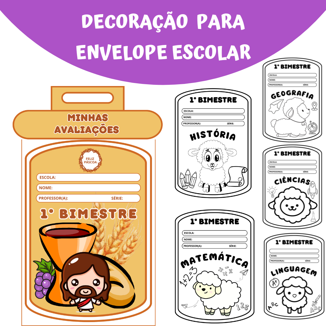 Decoração para Envelopes Páscoa Cristã Colorida + capa de Avaliações Escolares  para Colorir