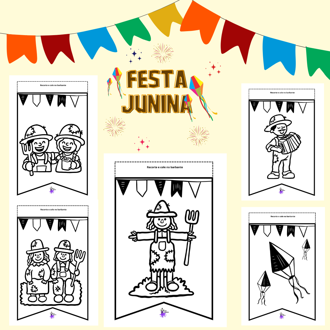 Decoração Junina: Ambiente Alfabetizador com 31 Bandeirinhas para Colorir