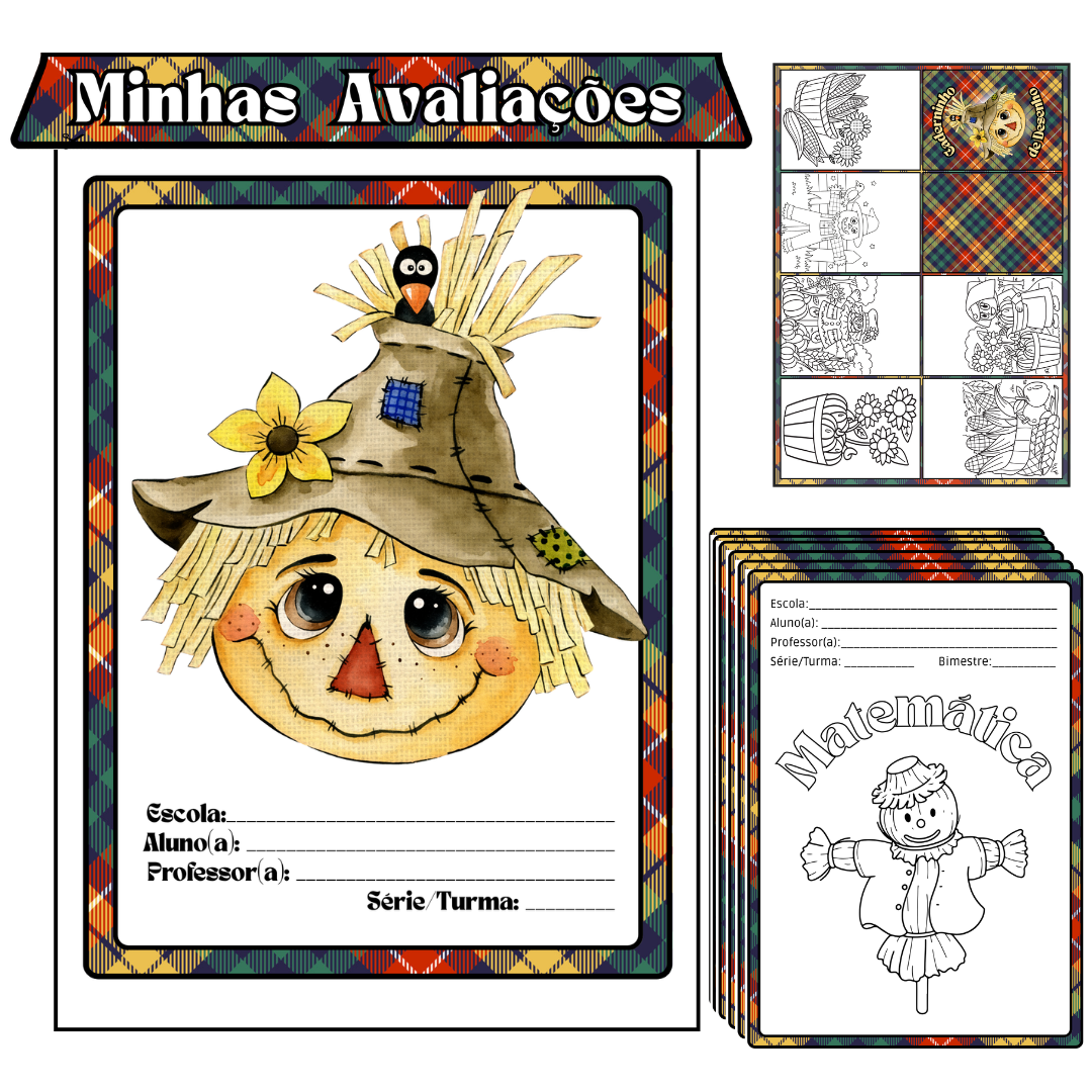 Decoração para Envelopes Espantalho Xadrez Colorida + capa de Avaliações Escolares  para Colorir