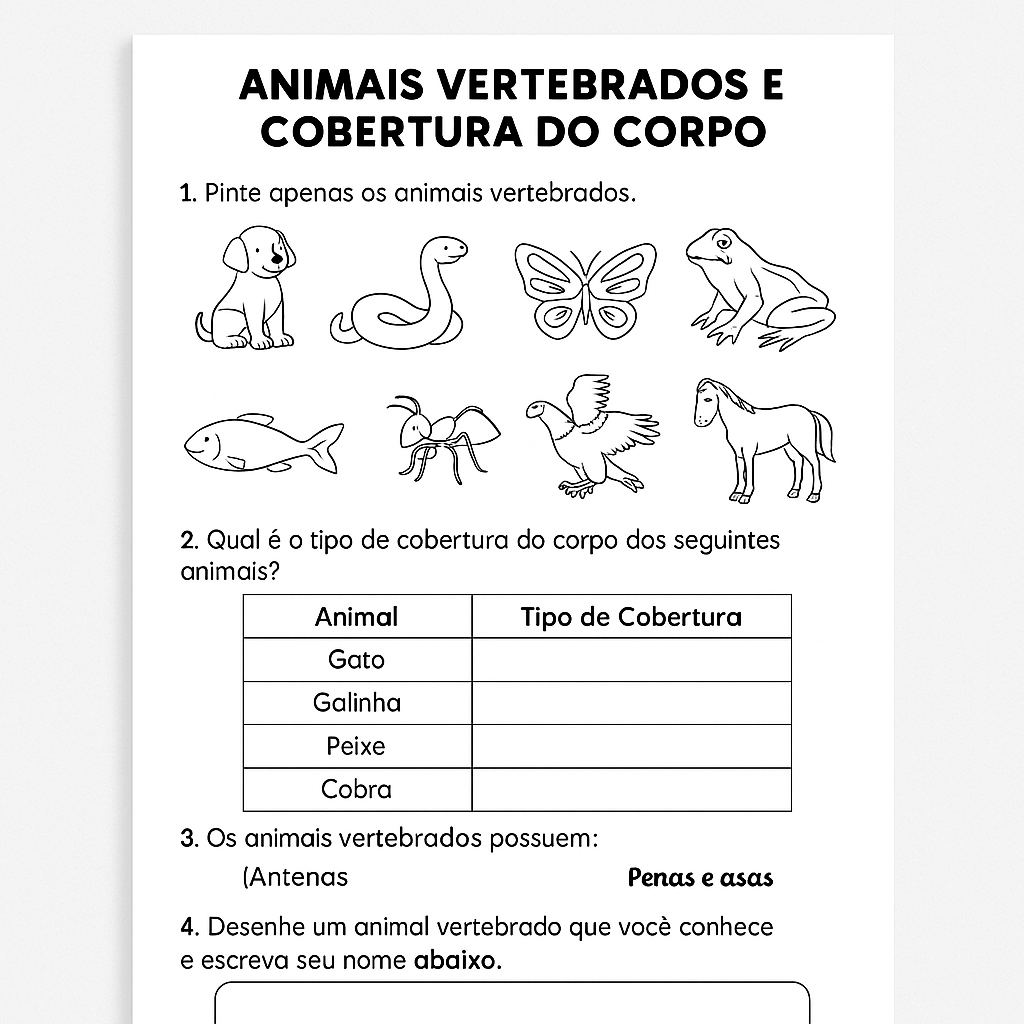 CIÊNCIA 3º ANO - ATIVIDADE: Animais Vertebrados e Cobertura do Corpo