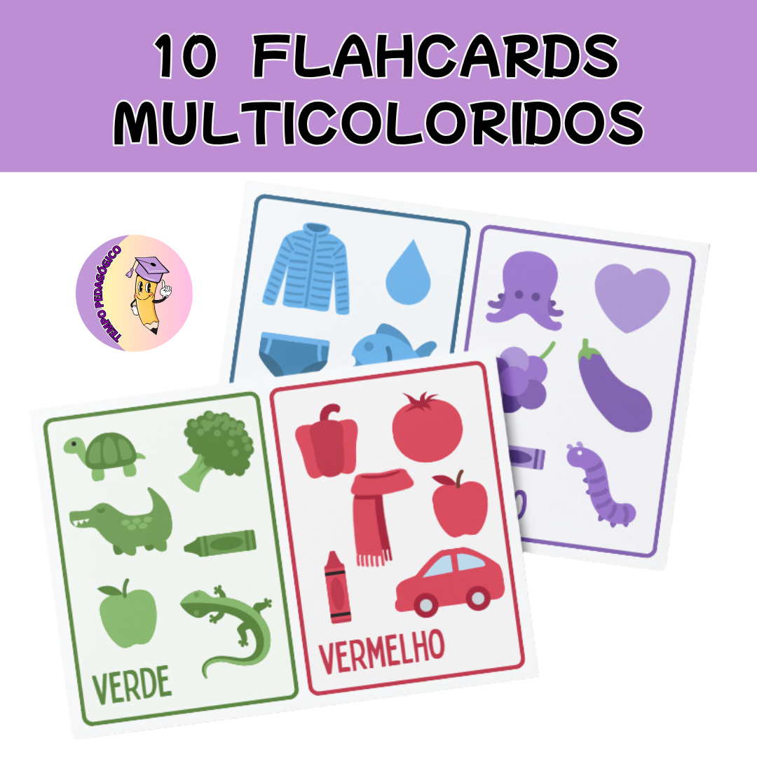 Conjunto de 10 Flashcards de Cores Multicoloridos e Divertidos