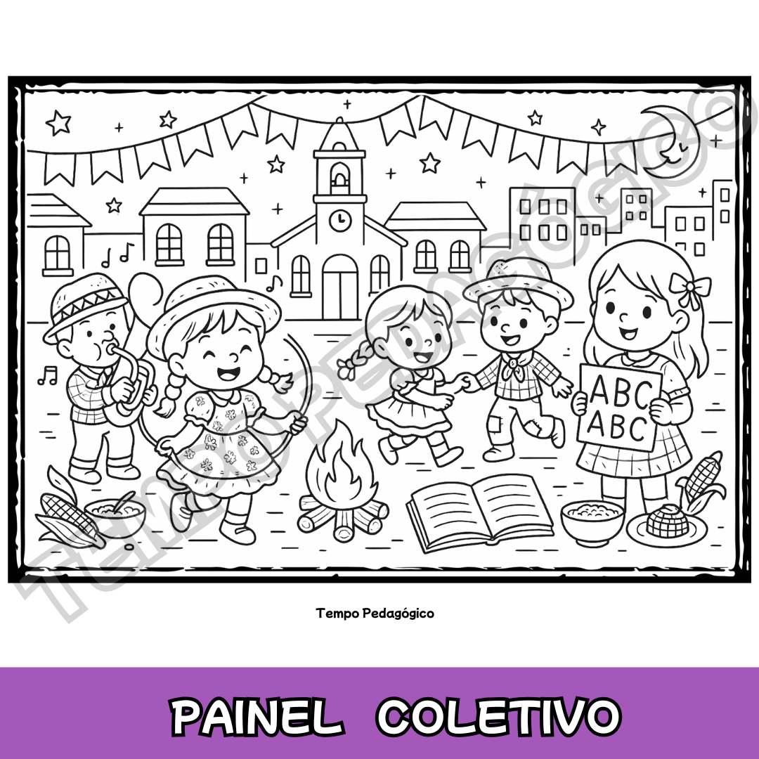 Painel Coletivo Junino para Colorir – Festa na Cidade + Página A4