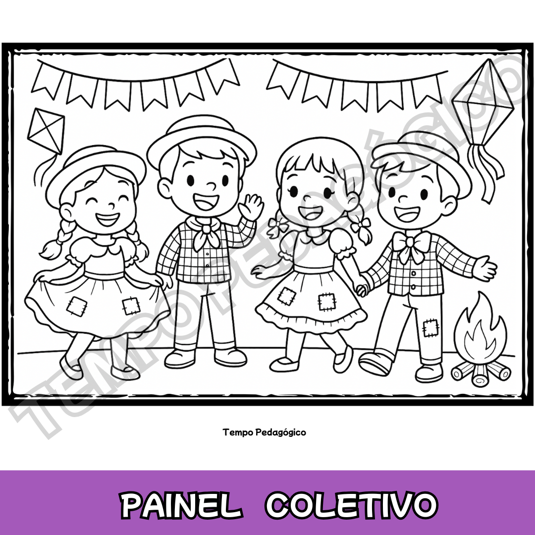 Painel Coletivo Junino para Colorir – Dançando Quadrilha (A4 + Ampliado)