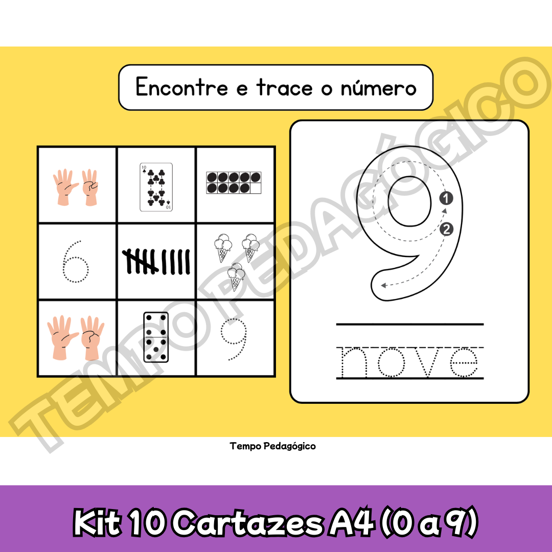 Kit "Encontre e Trace os Números" – 10 Cartazes A4 (0 a 9)