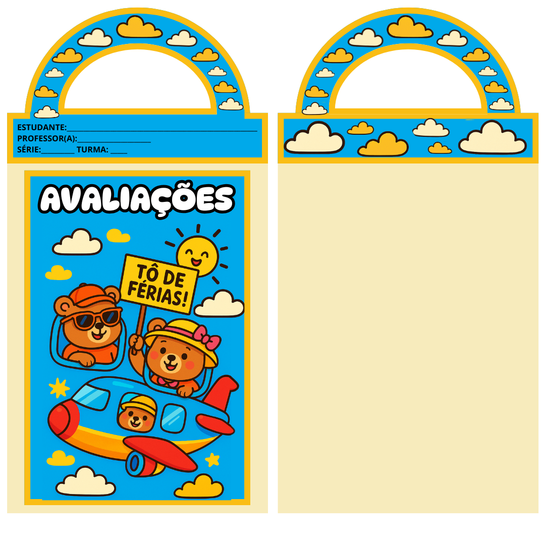 KIT Fundo Azul: Capinhas e Decoração para Envelope de avaliação - URSINHOS FOFOS TÔ DE FÉRIAS!