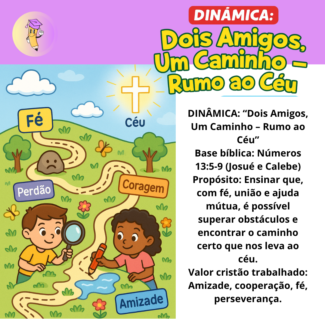 DINÂMICA: “Dois Amigos, Um Caminho – Rumo ao Céu" - Base bíblica: Números 13:5-9 (Josué e Calebe)