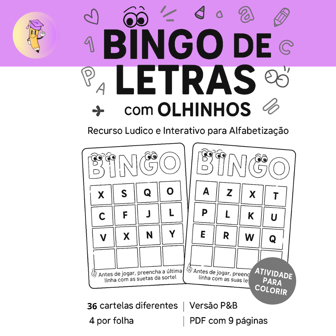36 Cartelas - Bingo de Letras Preto e Branco Desenho com Olhos