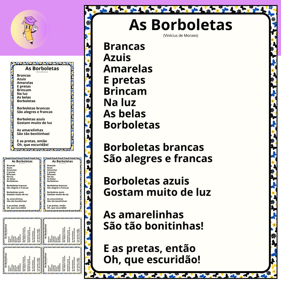 PAINEL POEMA BORBOLETAS - VINÍCIUS DE MORAES + folhas de leitura