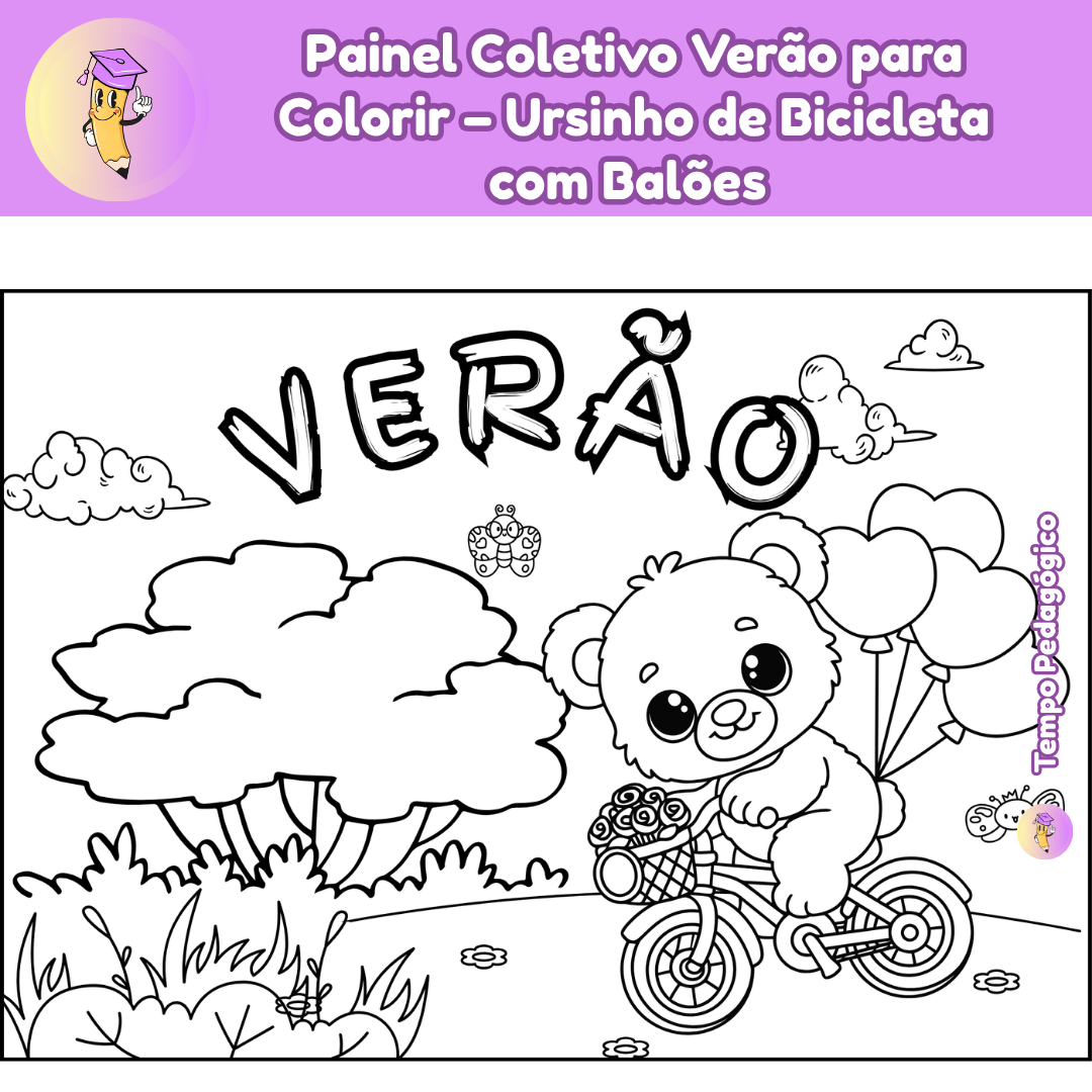 Painel Coletivo Verão para Colorir – Ursinho de Bicicleta com Balões (A4 + Ampliado)
