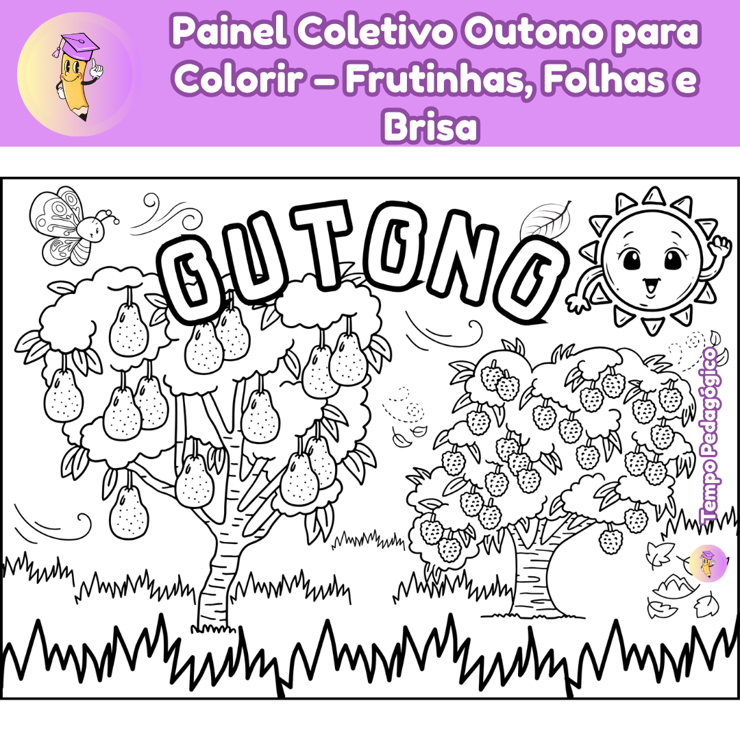 Painel Coletivo Outono para Colorir – Frutinhas, Folhas e Brisa (A4 + Ampliado)