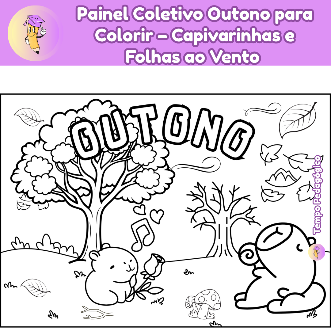 Painel Coletivo Outono para Colorir – Capivarinhas e Folhas ao Vento (A4 + Ampliado)