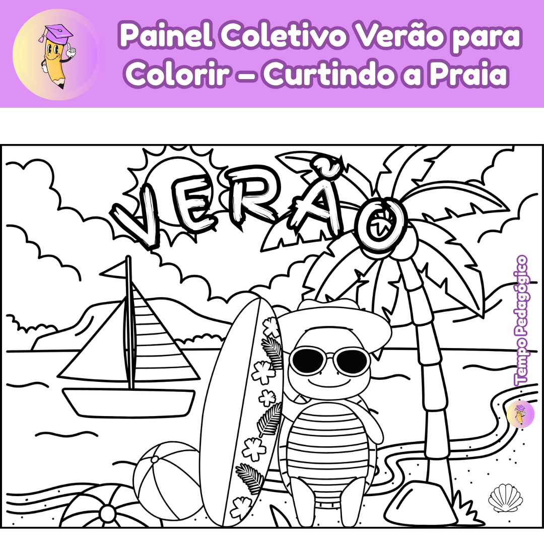 Painel Coletivo Verão para Colorir – Curtindo a Praia (A4 + Ampliado)