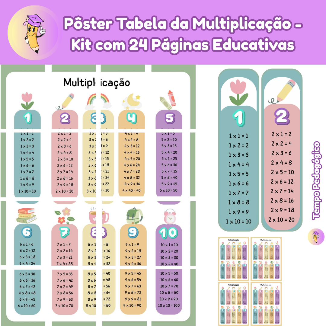 Pôster Tabela da Multiplicação - Kit com 24 Páginas Educativas