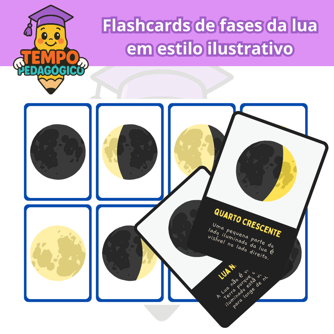 Flashcards de Fases da Lua em Estilo Ilustrativo