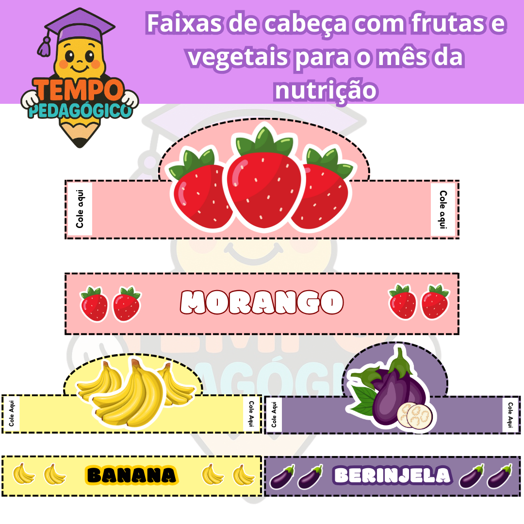 12 Modelos de Faixa de Cabeça com Frutas e Vegetais (Mês da Nutrição)