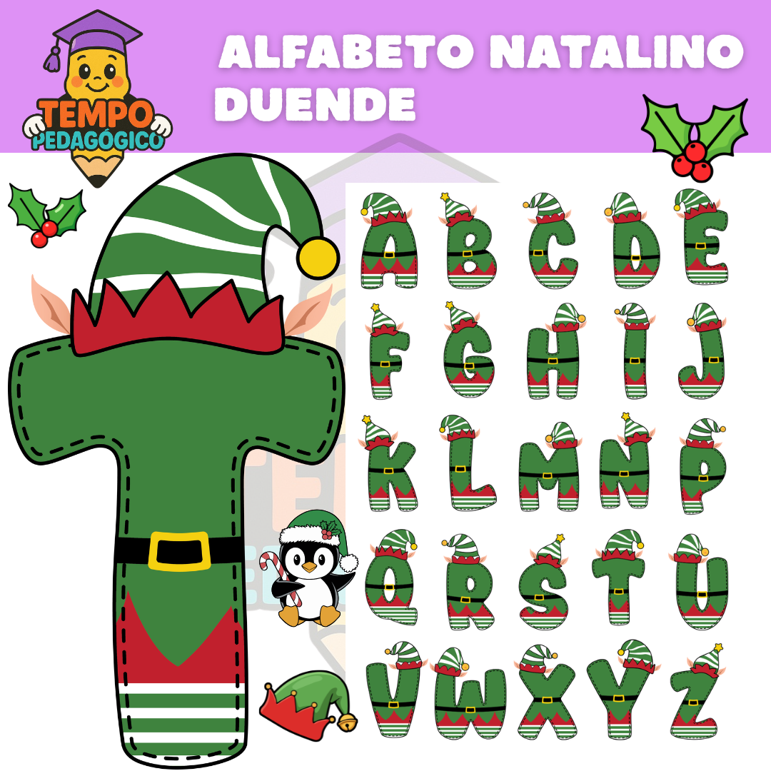 Alfabeto Natalino – Letras Decoradas com Gorrinhos de Duende (A–Z)
