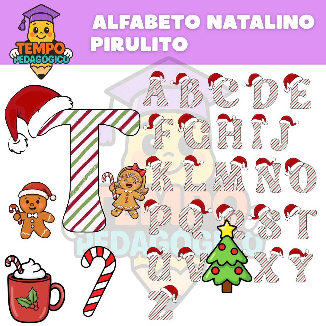 Alfabeto Natalino – Letras Decoradas Pirulito (A–Z)