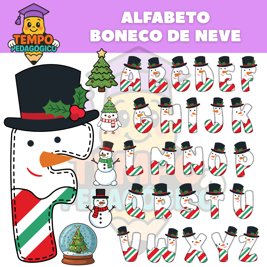 Alfabeto Natalino – Letras Decoradas Boneco de Neve (A–Z)