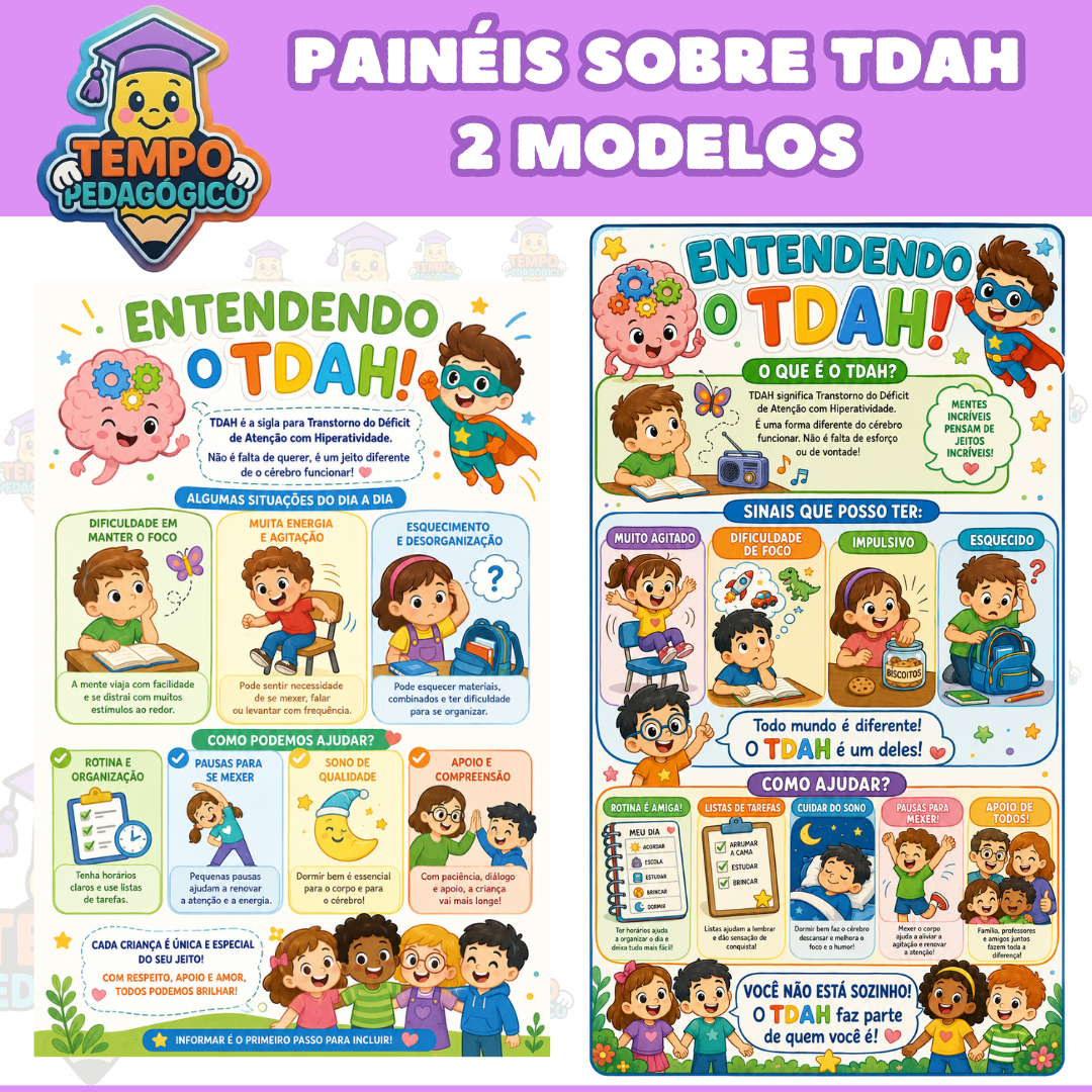 PAINÉIS SOBRE TDAH - 2 MODELOS AMPLIADOS, ECONÔMICO E A4