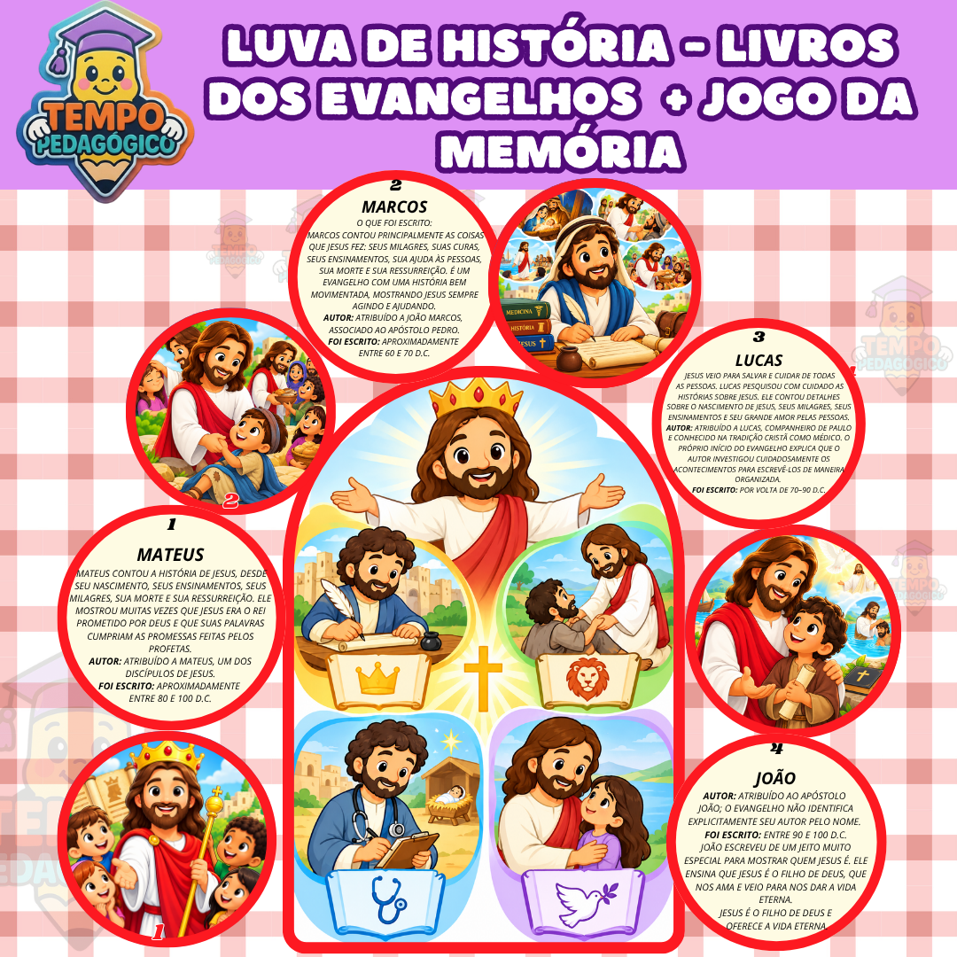 Luva de História Livros dos Evangelhos Novo Testamento + Jogo da Memória