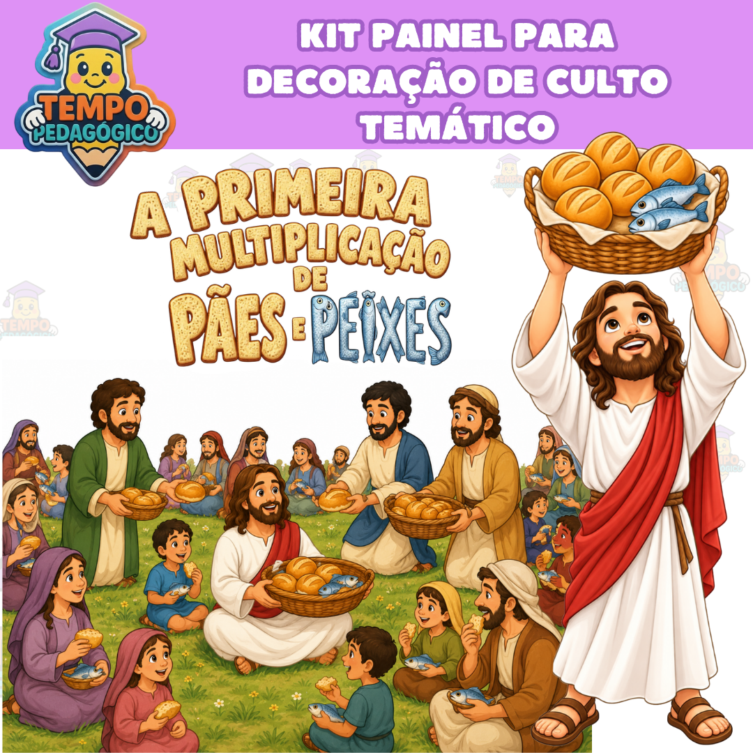 COMBO COMPLETO (Os 2 Painéis) PARA DECORAÇÃO DE CULTO TEMÁTICO - A PRIMEIRA MULTIPLICAÇÃO DOS PÃES E PEIXES