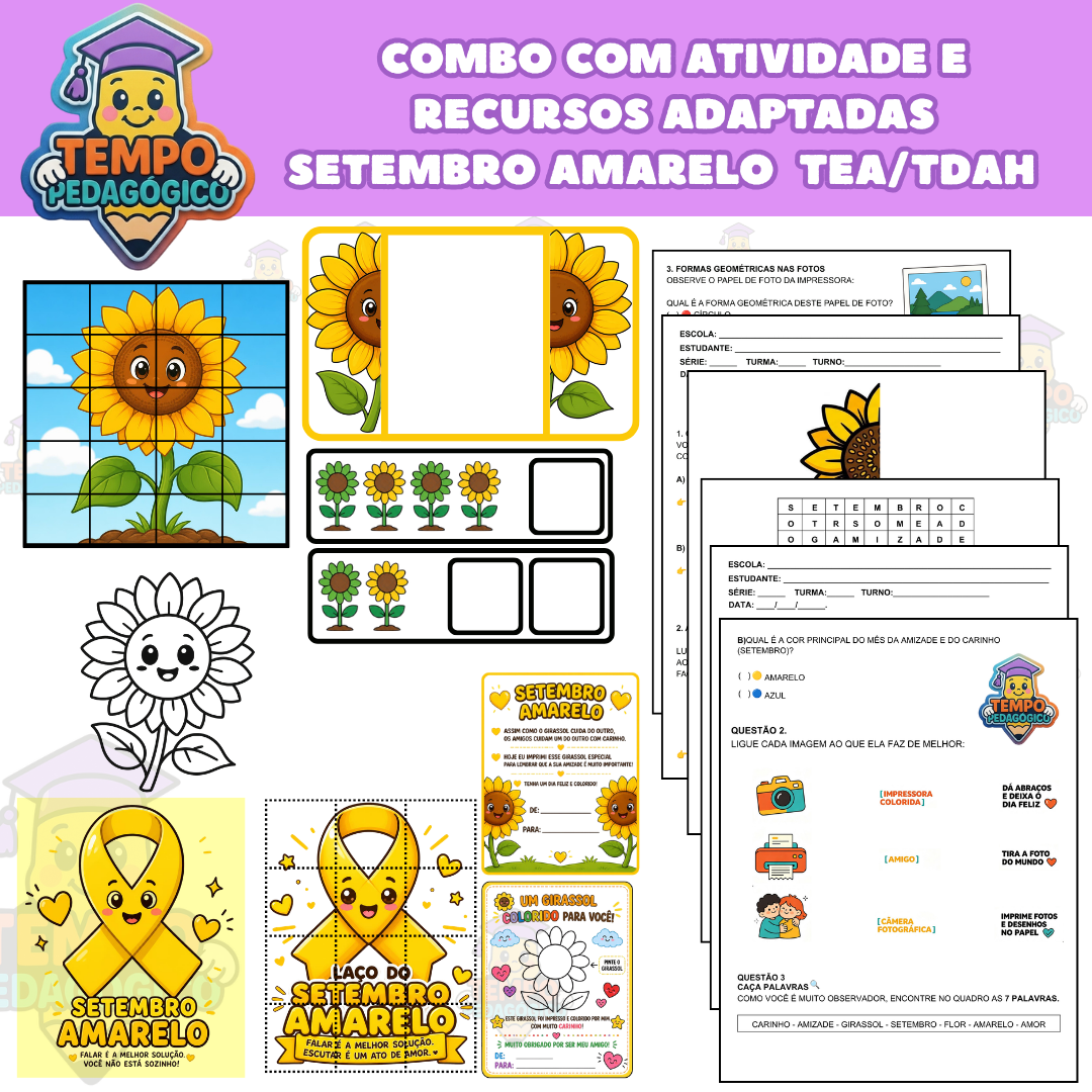 COMBO COM ATIVIDADE ADAPTADA DE LÍNGUA PORTUGUESA E MATEMÁTICA  - SETEMBRO AMARELO - TEA / TDAH 7 ANO